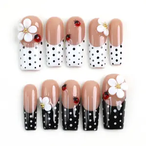 PG67 MuseMood 100% Handcrafted 3D White Flower Ladybug Bloom Polka Press-On Nails | Reusable, Long-Lasting, Salon-Quality Handmade Acrylic Square Press-On Nails