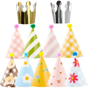 Party Hats for Kids Birthday, 11 Pack Birthday Hats with Pom Poms, Paper Cone Caps for Stuffed Animals, Party Crown Caps Set, Small Celebration Accessories for Girls Boys Toddlers