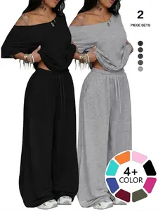 Relaxed Off-Shoulder 2 Piece Set, Womenswear Oversized Short Sleeve Top and Wide Leg Pants for Daily Streetwear, Comfortable Loungewear with Drawstring and Elastic, Clothes, Loose Pants Set