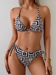 Black & White Geometric Print Halter Triangle Bikini Set