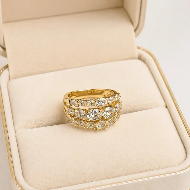 14K Gold Laminated Multi-Row Crystal Ring