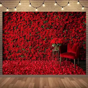 1PC Polyester 2D Flat Romantic Red Rose Backdrop Banner - Reusable Tapestry for Valentine's Day, Bedroom Decor, Retro Brick Wall Photo Background Cloth for Live Streams, Banners
