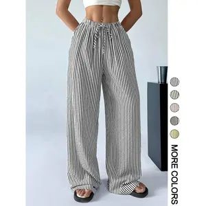 Women's Striped Print Drawstring Waist Pants, Casual Comfy Wide Leg Trousers for Daily Wear, Ladies Bottoms for All Seasons
