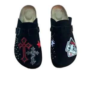 Custom Suede Clogs – Handmade Patch Design | Unisex Black Designer Clogs Footwear