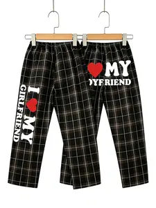 Couple Matching Plaid Pajama Pants, I Love My Girlfriend/Boyfriend Print Loungewear, Y2K Aesthetic Oversized Wide Leg Sleep Pants, Comfy Streetwear Homewear for Valentine's Day, Casual Lounge Trousers for Couples Daily Wear