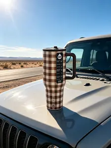 HydroJug 40oz brown checkered insulated  comes with a handle and a flip straw. It's BPA-free, a drinking , and a thermos bottle, perfect for coffee, icy drinks, sports, camping, and it's  holder friendly limited edition leak-proof sport bottle ou mug cup