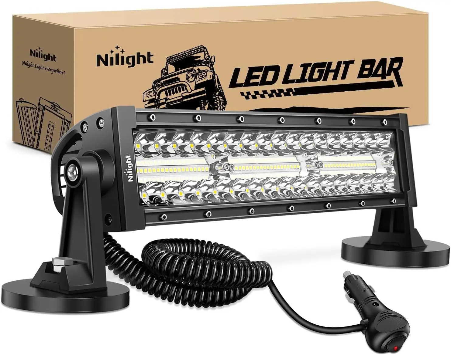 Nilight 13.5Inch Triple Row LED Light Bar, 96LEDs Spot-Flood Combo with Strong Magnetic Base, Wiring, Waterproof & Heat Dissip Features, Fog/Driving Lights for Truck, UTV, Light Bulbs
