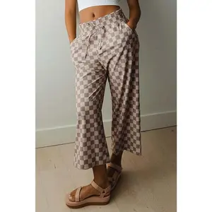 Khaki Tie Elastic Waist Plaid Loose Pants