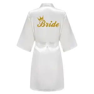 Women's Navy Blue Polyester Fabric Bridesmaid Kimono Robe - Lady Loungewear Nightwear, Bridal Party Gift with Gold Writing (As the Photo Show-9)
