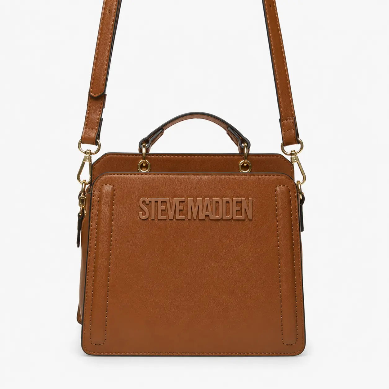 Steve Madden Brown Crossbody Bag for Women, Structured Top Handle Handbag, Everyday Shoulder Purse, Chic Work Bag, Minimalist Fashion Bag