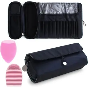 Portable Makeup Brush Organizer,Makeup Brush Bag for Travel Can Hold 20+ Brushes,Cosmetic Bag Makeup Brush Roll Up Case,Pounch Holder for Woman With Bonus Brush Cleaning Mat and Makeup Sponge,Tools & Hardware,Summervibes