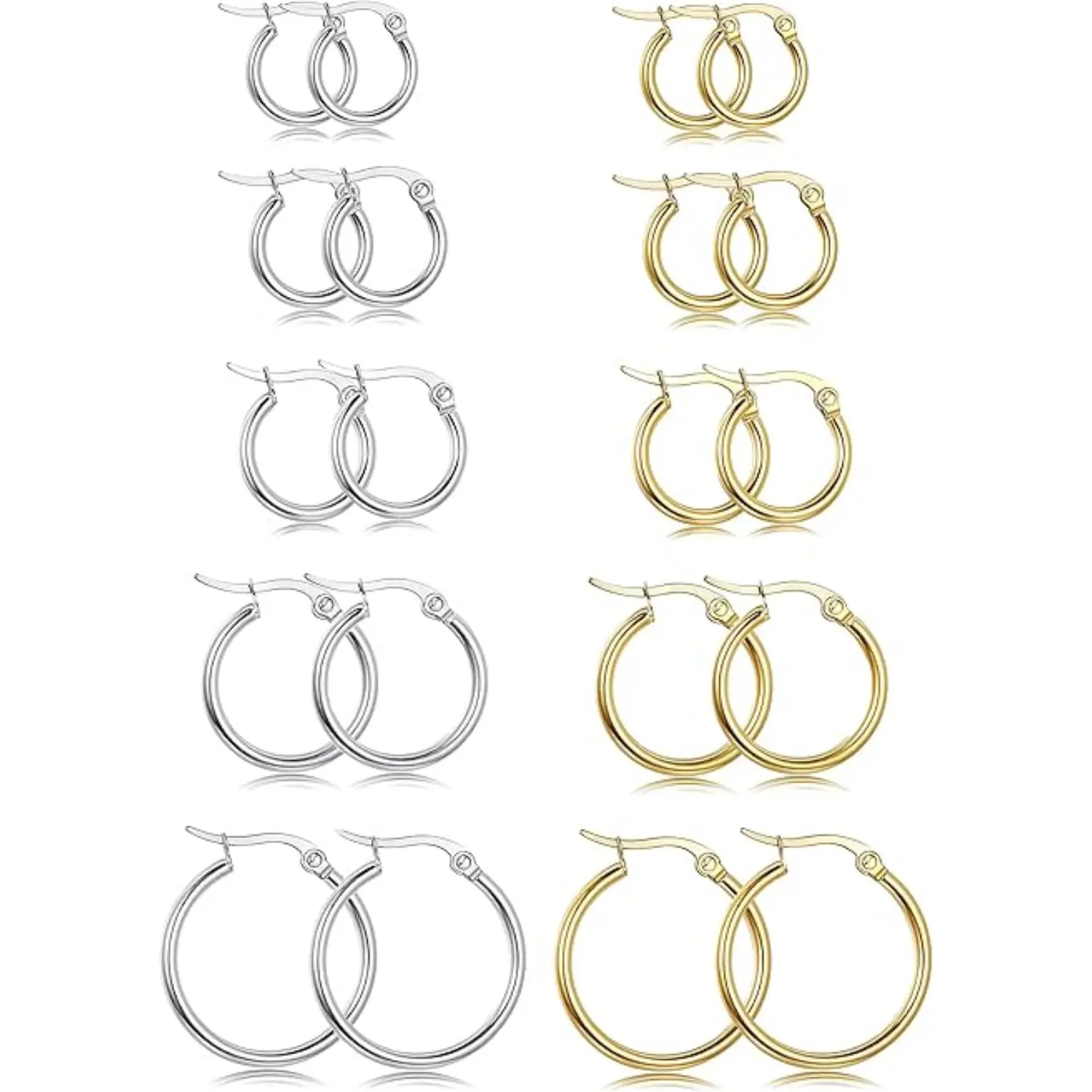 10 Pairs Stainless Steel Small Huggie Hoop Earrings for Women & Men, Gold & Silver Tone Tiny Round Hoop Earrings Set