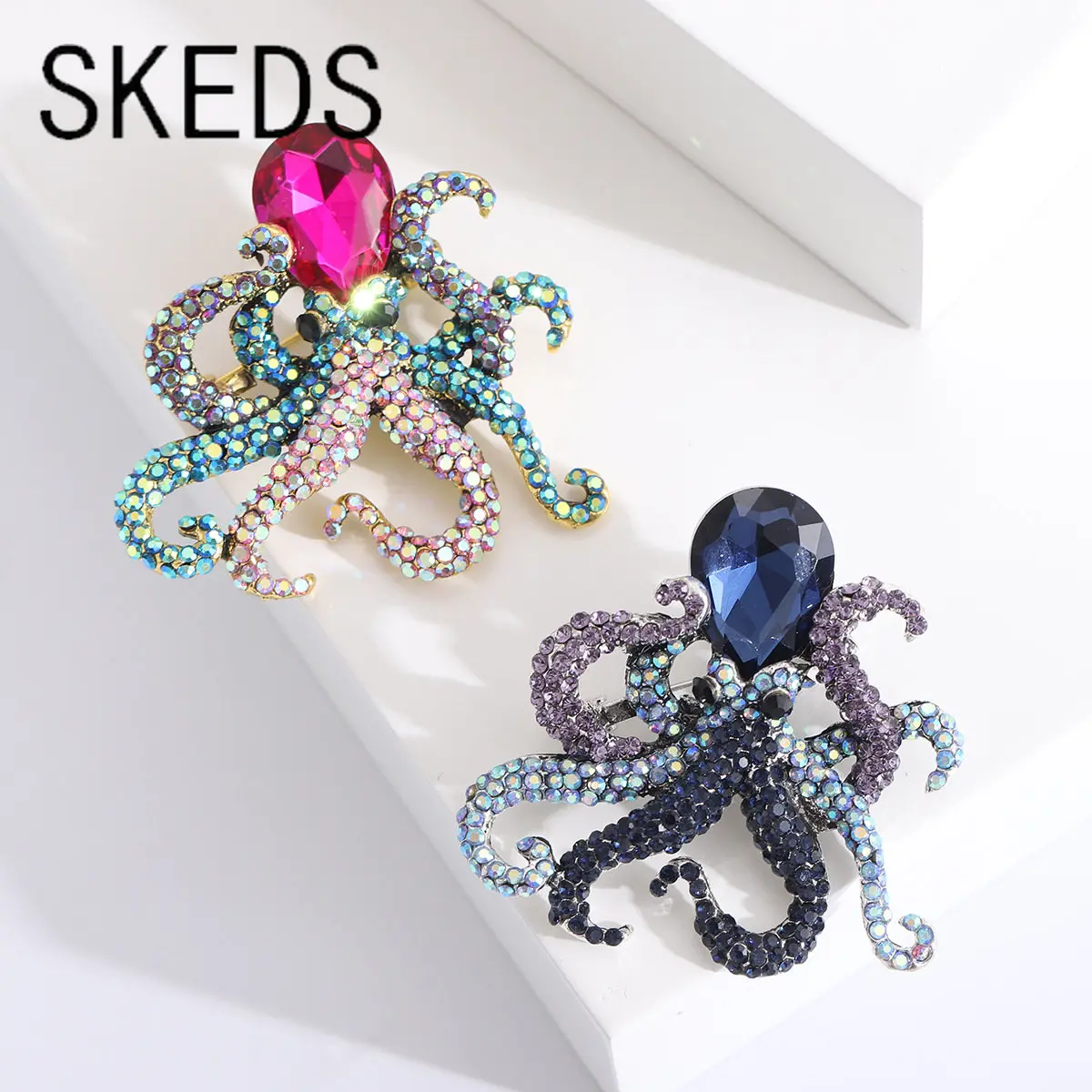 LUX-JELWEL - SKEDS Fashion Delicate Luxury Octopus Colorful Rhinestone Pins Brooches For Women Lady Exquisite Crystal Sea Aniaml Badges Pin