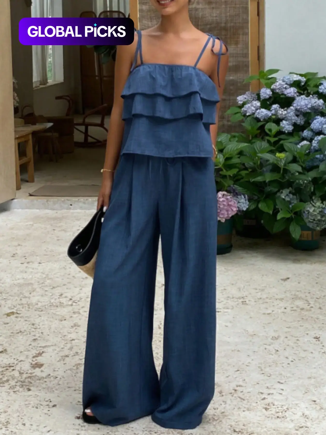 Women's Two-Piece Set, Womenswear Clothes, Sleeveless Ruffles Top & Loose Fit Oversized Long Pants, Spring Summer Casual Minimalist, High-Waisted Wide-Leg Design