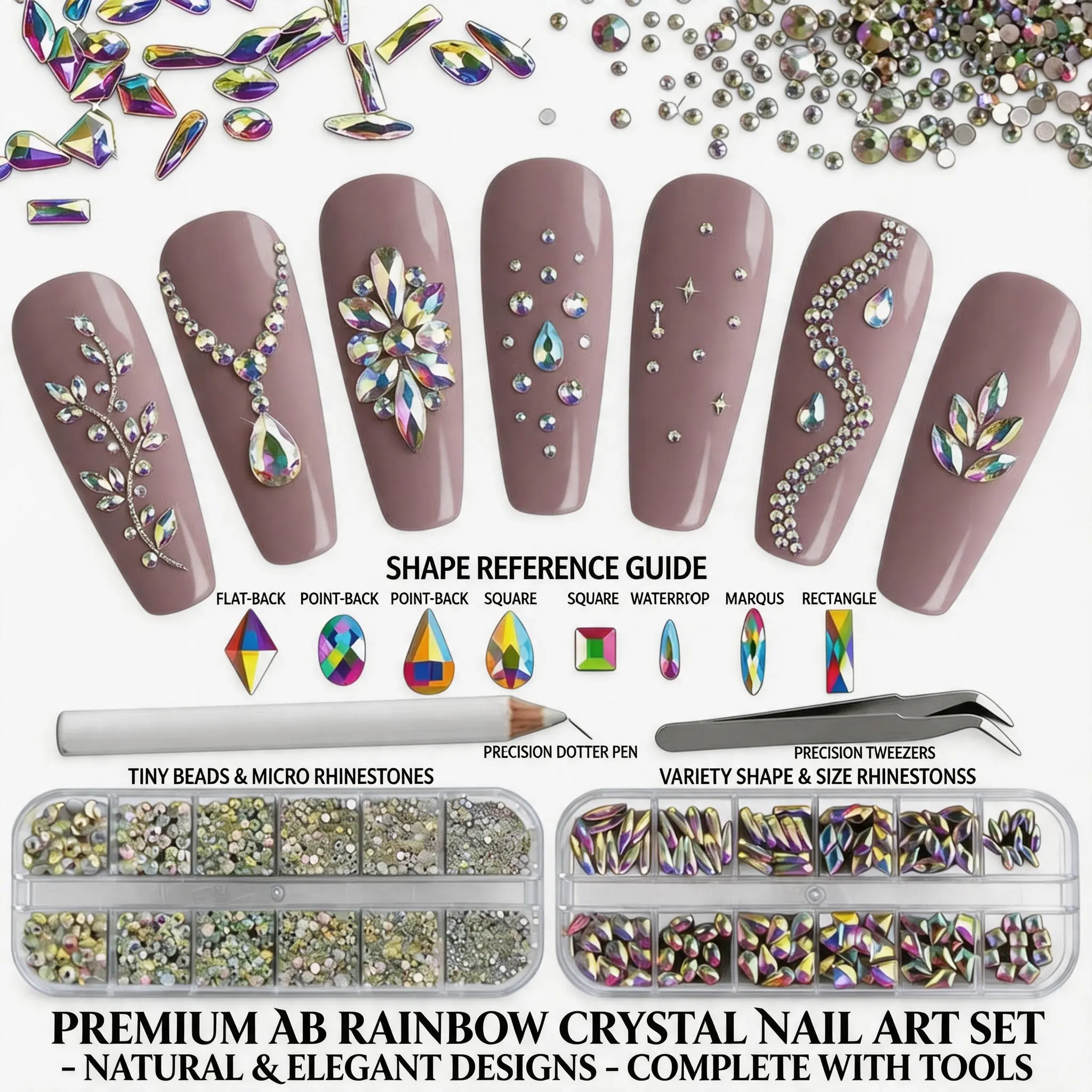 Multi Shapes 3D Glass AB Crystal Nail Art Rhinestones Kit with Flatback Round Bead Charm Gem Stone Jewelry Diamond with Pickup Pen + Tweezer for Manicure Craft Decoration. reusable diy nail art. shimmery finish