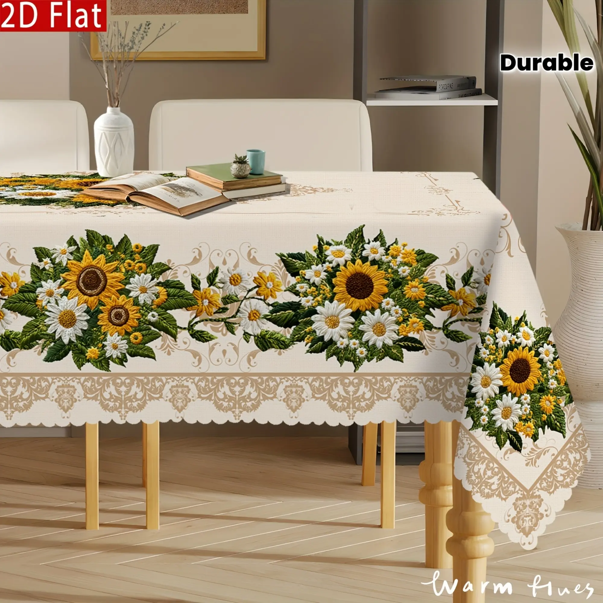 1pc Vintage Sunflower & Daisy Tablecloth - Non-Embroidered European Floral Design, Durable Polyester Rectangular Table Cover for Round/Oval Tables, Kitchen Dining Room Patio Picnic Decor, Easy-Clean Vintage Home Decor,  Sunflower Kitchen Decor