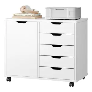 5 Drawer Rolling File Cabinet – Mobile Office Storage with Lockable Casters, Printer Stand with Wood Top, Under Desk Cabinet with Door & Adjustable Shelves, Home Office Organizer