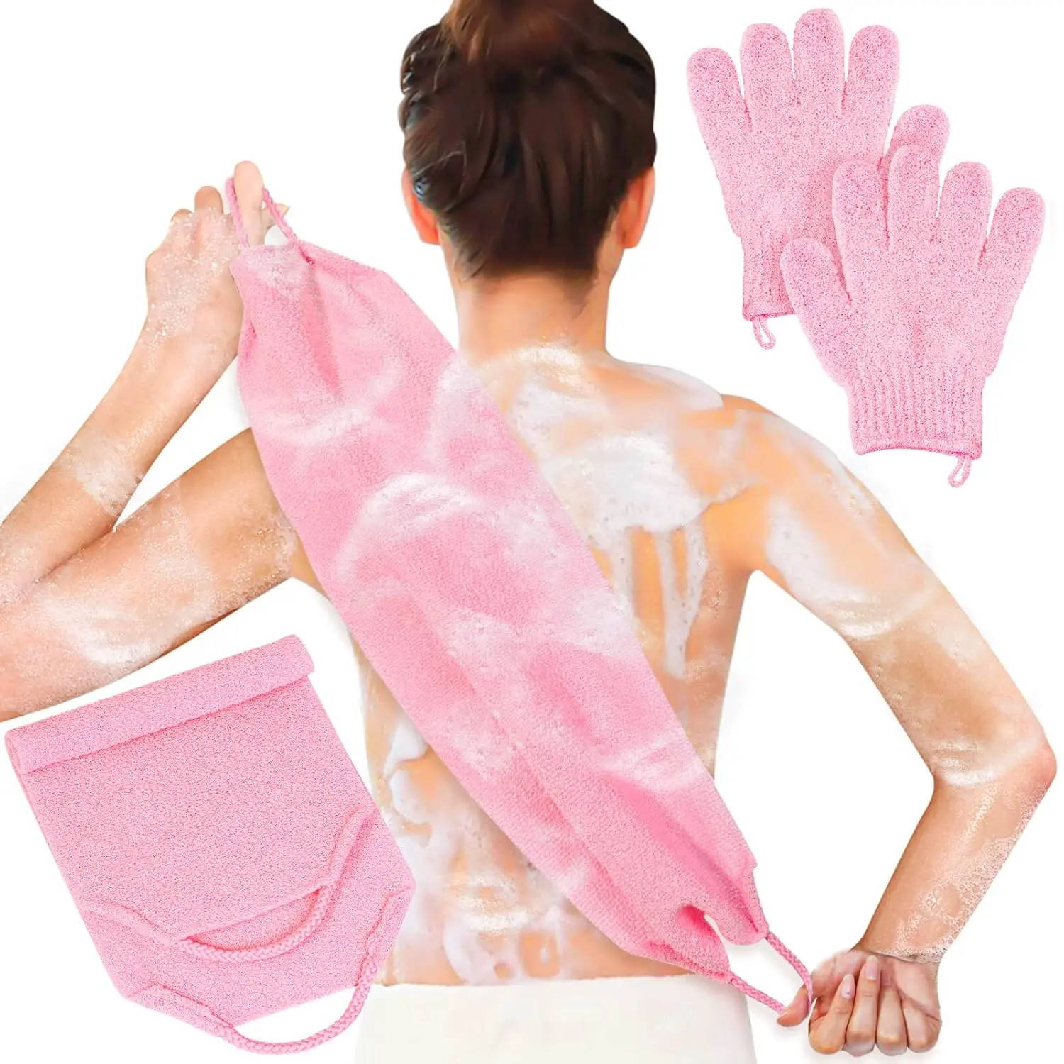 Exfoliating Shower Bath Gloves Back Scrubber Set for Body, Face, Shower, Bath, Scrub and Exfoliator (Pink)
