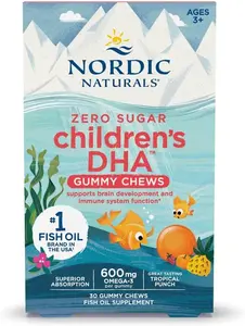 Nordic Naturals Zero Sugar Childrens DHA Gummy Chews, Tropical Punch - 30 Gummy Chews for Kids - 600 mg Total Omega-3s - Brain Development, Learning, Healthy Immunity - Non-GMO - 30 Servings