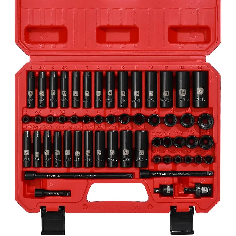 55PCS Mechanic Tools 1/4-Inch Drive Master Impact Socket Set, Metric/SAE, Deep/Shallow, 6-Point CR-V, 5/32-9/16 in, 4-15mm, W/ Extensions, Adapters, Universal Joint