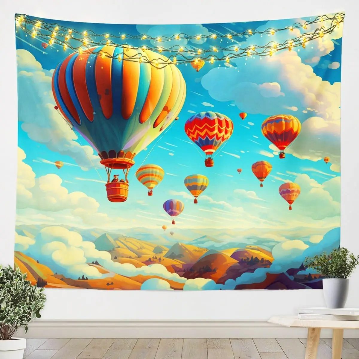 Feelyou Colorful Hot Air Balloon Wall Hanging Tapestry - Bright Image Mountain Sky Clouds Home Decor Supplies, 59W x 82L in Tapestry Wall Mural for Living Room, Lightweight Multicolor Room Decor, Artwork Tapestries, Floating Balloons Tapestries