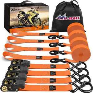 Nilight Heavy-Duty Polyester Ratchet Tie Down Straps, 4-Pack Orange, 4500Lbs Max Break Strength, 1”×15’ with S Hooks & Rubber Handle, 1”×12’ Soft Loop & Safety Clip, for Dirt Bike, Kayak & Cargo Securing