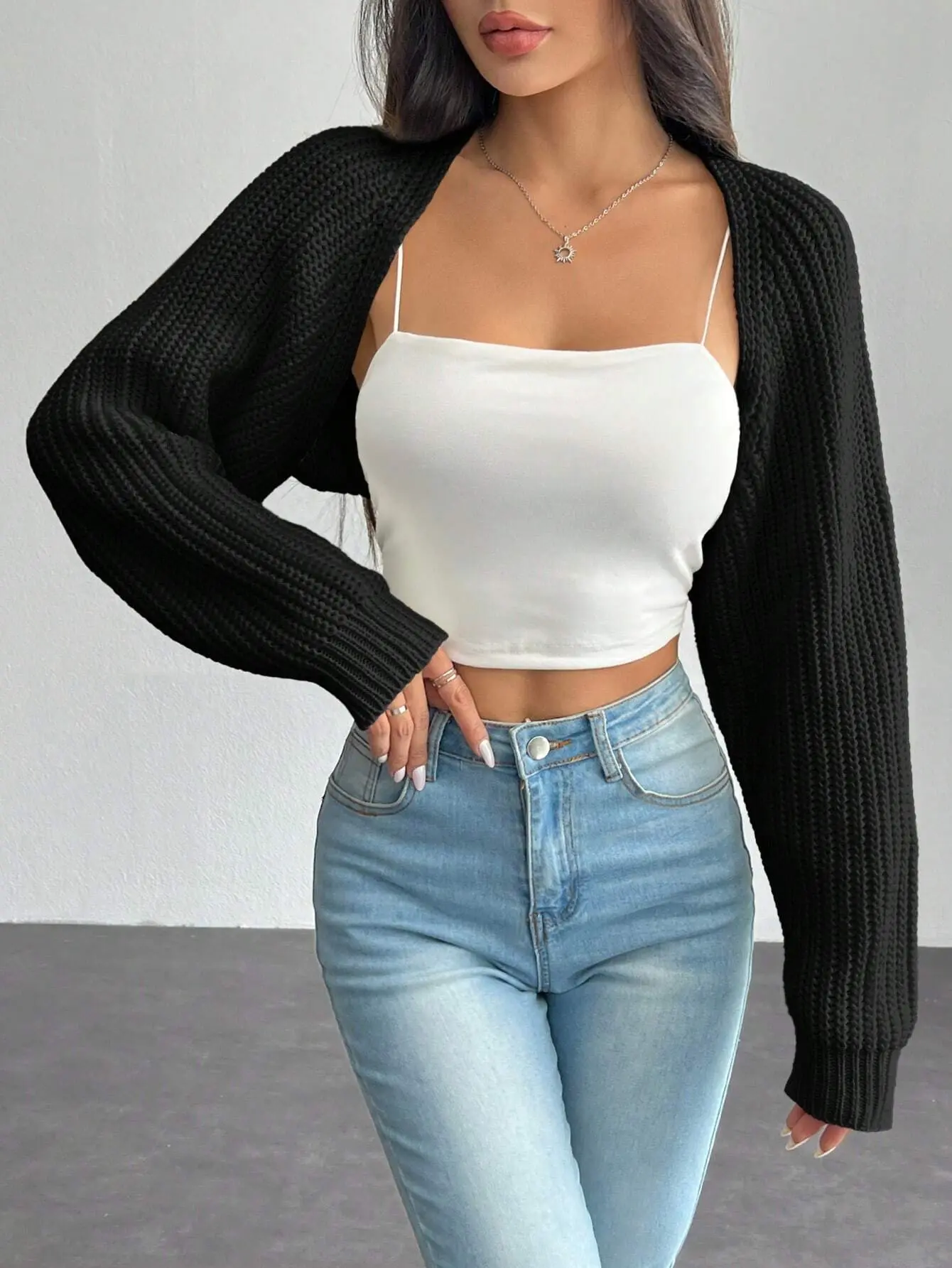 LALUZ Petite Balletcore Cropped Cardigan Ribbed Knit Shrug Raglan Sleeve Long Sleeve Knit Top Bolero Soft Aesthetic Cute Layering Piece