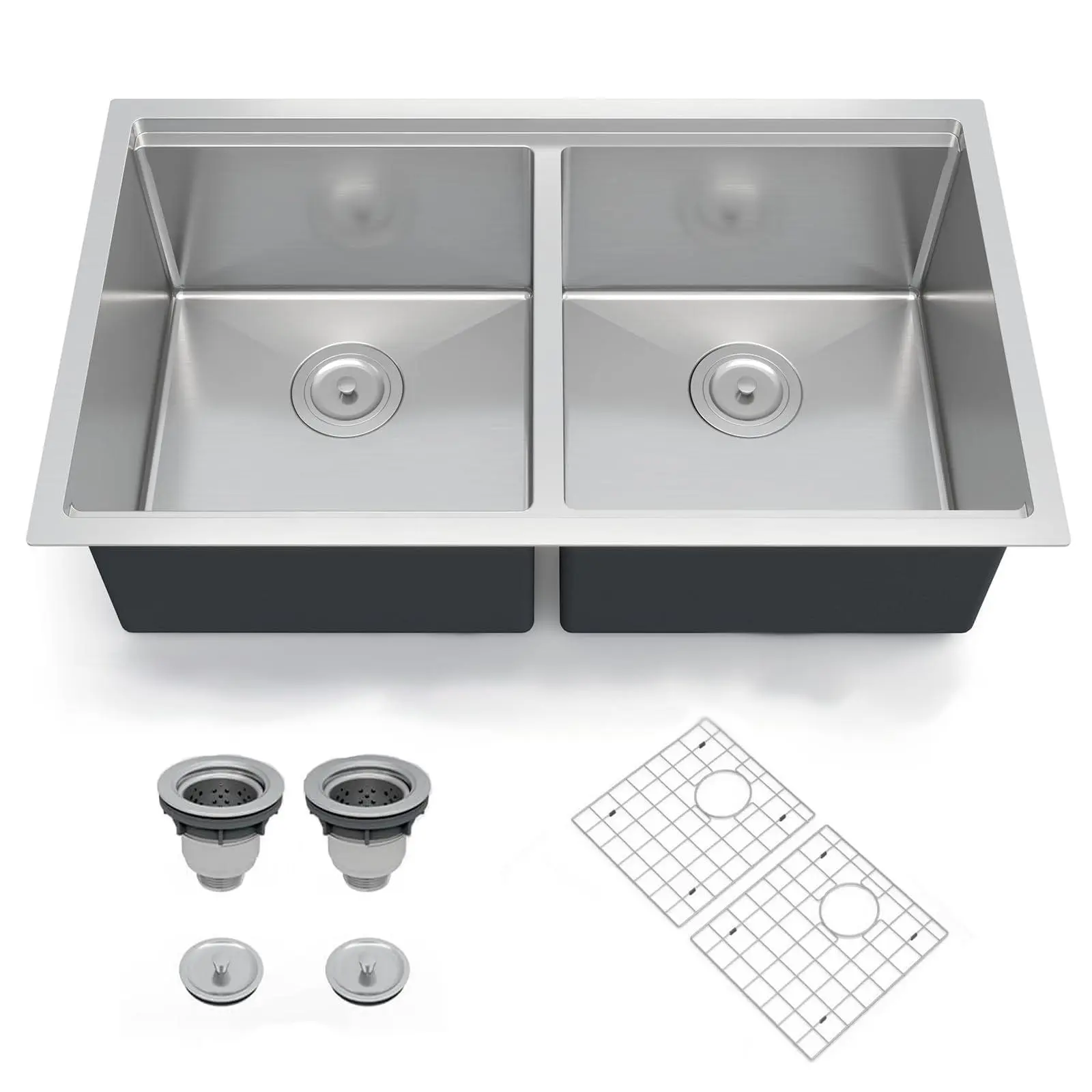 36x19 Inch Undermount Kitchen Sink, Double Bowl with Drainboard, 16 Gauge 304 Stainless Steel, 10" Deep, includes Bottom Grid & Drain Assembly