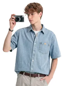 CAONAT Men's Classic Street Style Soft Denim Short-Sleeve Plain Button-Down Shirt - Casual, Lightweight Breathable Summer Top, Relaxed Fit Vintage Washed Jean Fabric Shirt,summervibes tiktokshopspringglowup