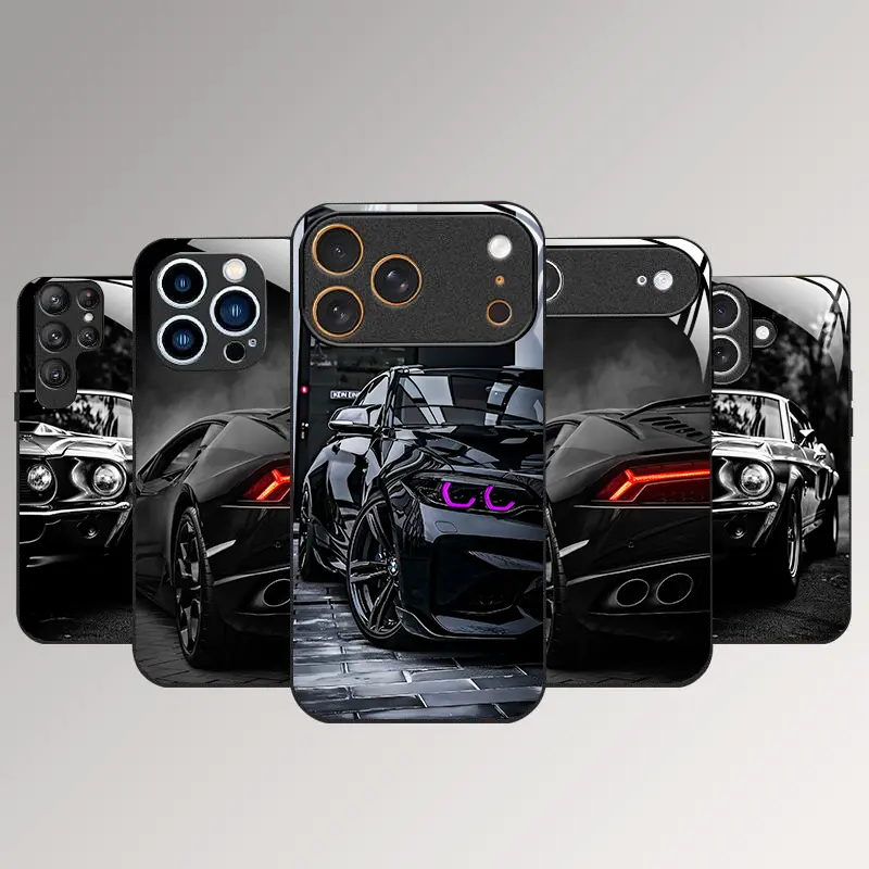 Black Racing Anti-Drop Glass Phone Case for iPhone 17 Air 16/15/14/13/12/11 Pro Max Galaxy S25/S24/S23/S22/S21/S20/S10/Note9/Note20 Ultra FE A Series Protection Protector All-inclusive Protection Glass Back Panel Skin-friendly Feel -ZQ25, Skin-Saf