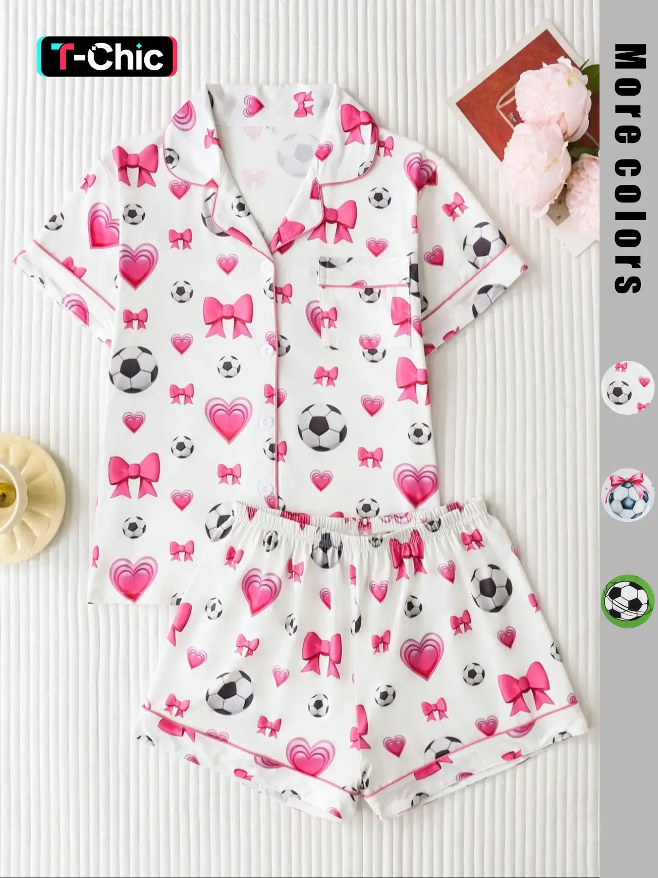 Women's Football Heart Bow Print Pajama Set, Valentine's Day Sleepwear, Collared Button Short Sleeve Top & Comfortable Elastic Shorts