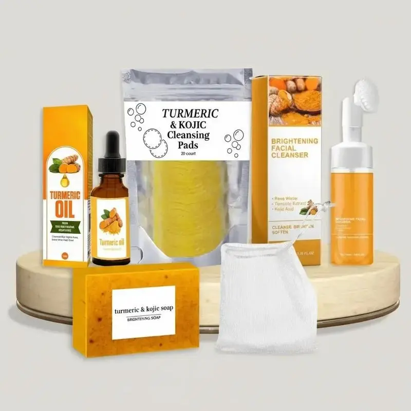 Unisex 5-Piece Turmeric Face Care Set - Facial Cleansing Kit with Soap, Oil, Mousse, Cleanser, Wipes for Female & Normal Skin Face Care Products, Kit Set