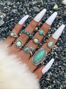 Boho Style Alloy Turquoise Ring Set, Vintage Feather Geometric Design, Perfect Gift for Women, Evening Wear Jewelry