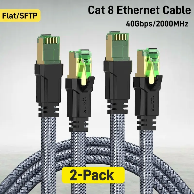 2-Pack Cat 8 Ethernet Cable, 10ft Grey Nylon Braided Heavy Duty Shielded RJ45 Flat Cable, 40Gbps 2000Mhz High Speed Network LAN Patch Cord for Indoor & Outdoor Use