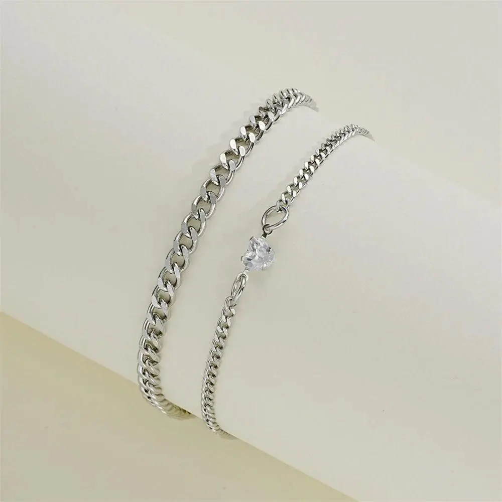 S925 Silver Minimalist Bangles - 2pcs Couples Adjustable Bracelets with Crystal Heart Chain, Engraved Words, Elegant Shiny Design, Romantic Gift for Adults' Daily Wear & Birthdays, Hand Chain Bracelet, Everyday Wear, 23Cm
