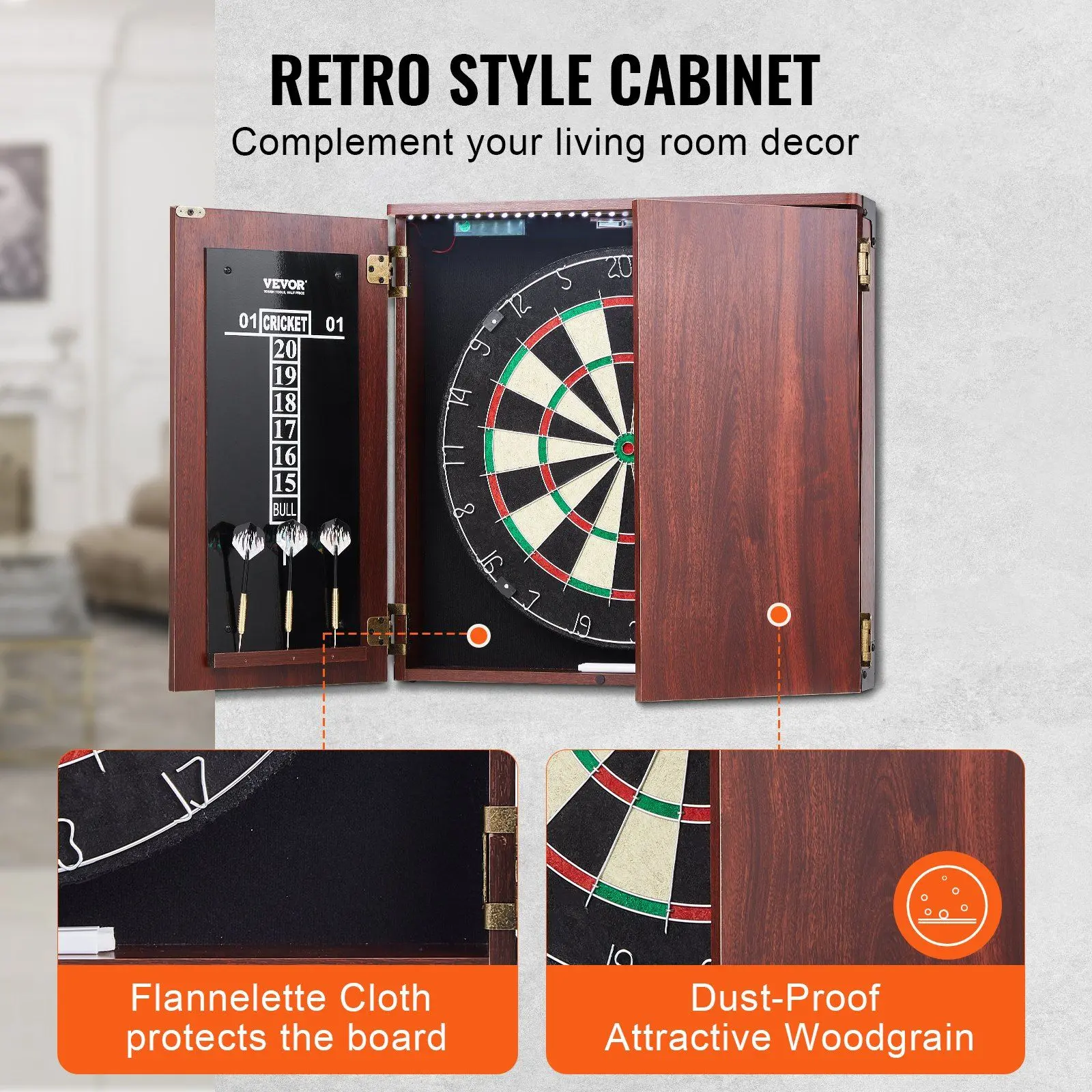 VEVOR Official Size Steel-Tip Dartboard and Cabinet Set with Complete Accessories, Fiber Construction, Integrated LED Lighting, Woodgrain Design, Classic Black Scoreboard, Vintage Charm, Living Room Decor for Game Enthusiasts, Dartboards