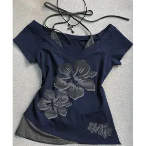 American Retro T-shirt Fashion Street Wear Halter Neck Fake Two Tshirts Harajuku Summer Casual Tees Ladies Y2K Hottie Chic Tops