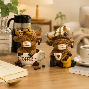Coffee Colored Resin Highland Cow Figurine Ornament, Unique Desktop Sculpture, Home Decor Decoration, Ideal Gift for Enthusiasts, Office Statue (Home Supplies)