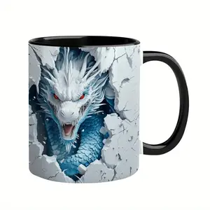 2D"Dragon & Phoenix" Artistic Coffee Mug, Unique Burst Design Ceramic Cup, Creative Mythical Animal Gift for Enthusiasts, 11oz Cool Graphic Drinkware