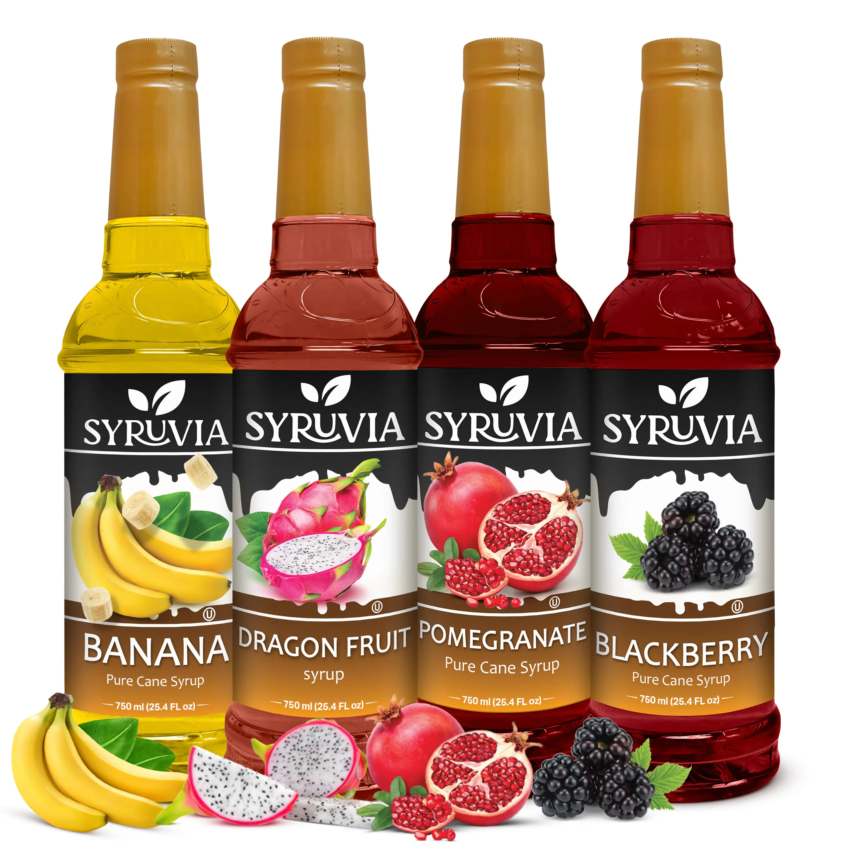 Syruvia Fruit Flavors Variety Pack – Banana, Dragon Fruit, Pomegranate & Blackberry Syrup – Perfect for Cocktails, Lemonade,  Iced Tea & Beverages – 25.4 Fl oz Bottles (4 Pack)