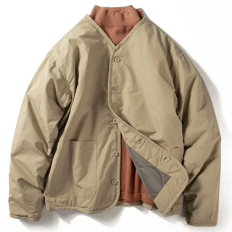 Men's Loose-Fit Quilted Japanese Cardigan-Style Collarless V-Neck Padded Winter Jacket - M, XXL, Casual Menswear Clothes, Relaxed Tops, Loose-Fitting