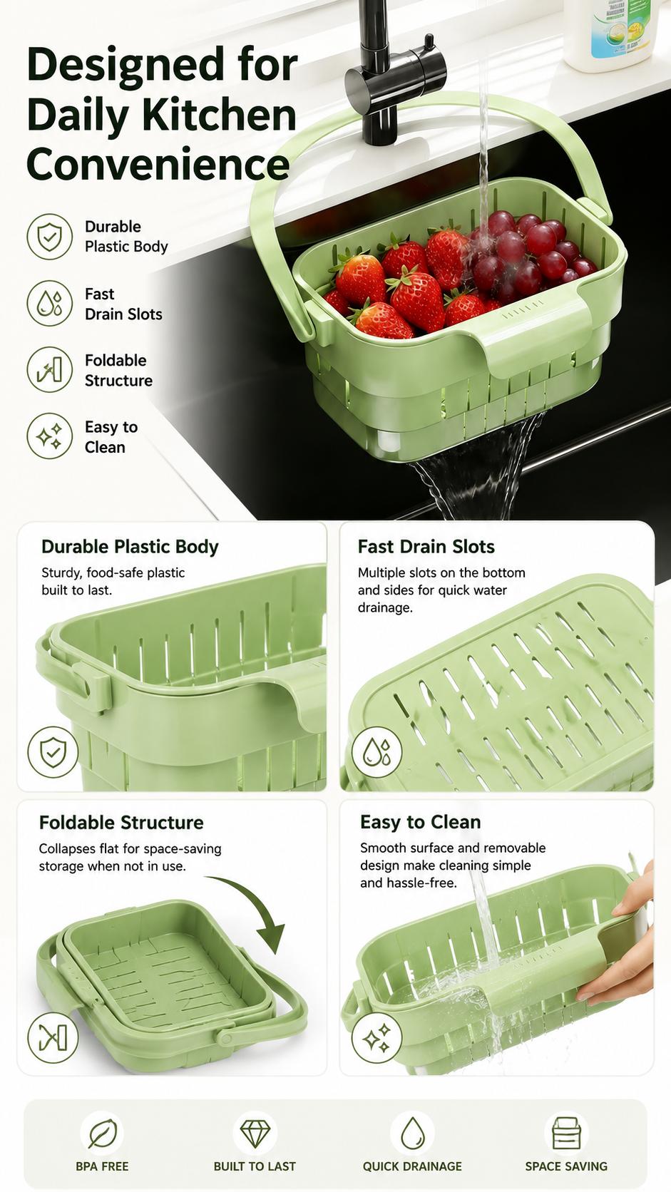 Collapsible Hanging Drain Basket - Expandable Foldable Space Saving Kitchen Sink Organizer for Dishes and Produce