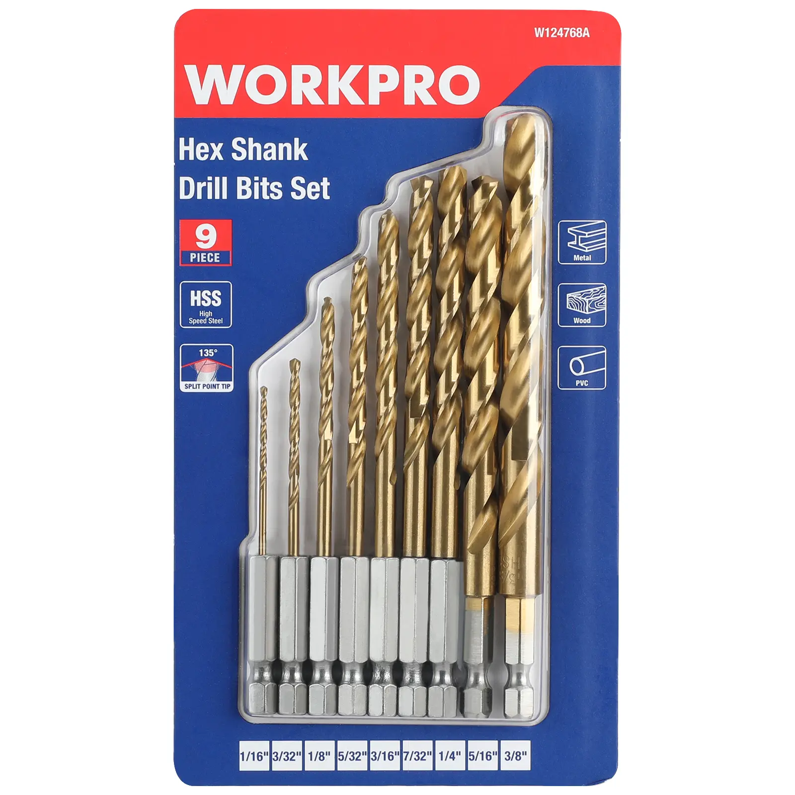 #summersale WORKPRO 9-Pack 1/4" Hex Shank Drill Bit Set, Titanium Plating HSS Drill Bits from 1/16" to 3/8" for Metal, Steel, Wood, PVC, Quick Change Design