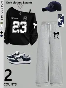 women/Teen Girls' Asymmetrical Strap Top & Wide-leg Pants Set, Oversized Loose Long-sleeve with Number "23" Letter Print, Soft & Versatile Unisex Casual Outfit, Clothes, Womenswear