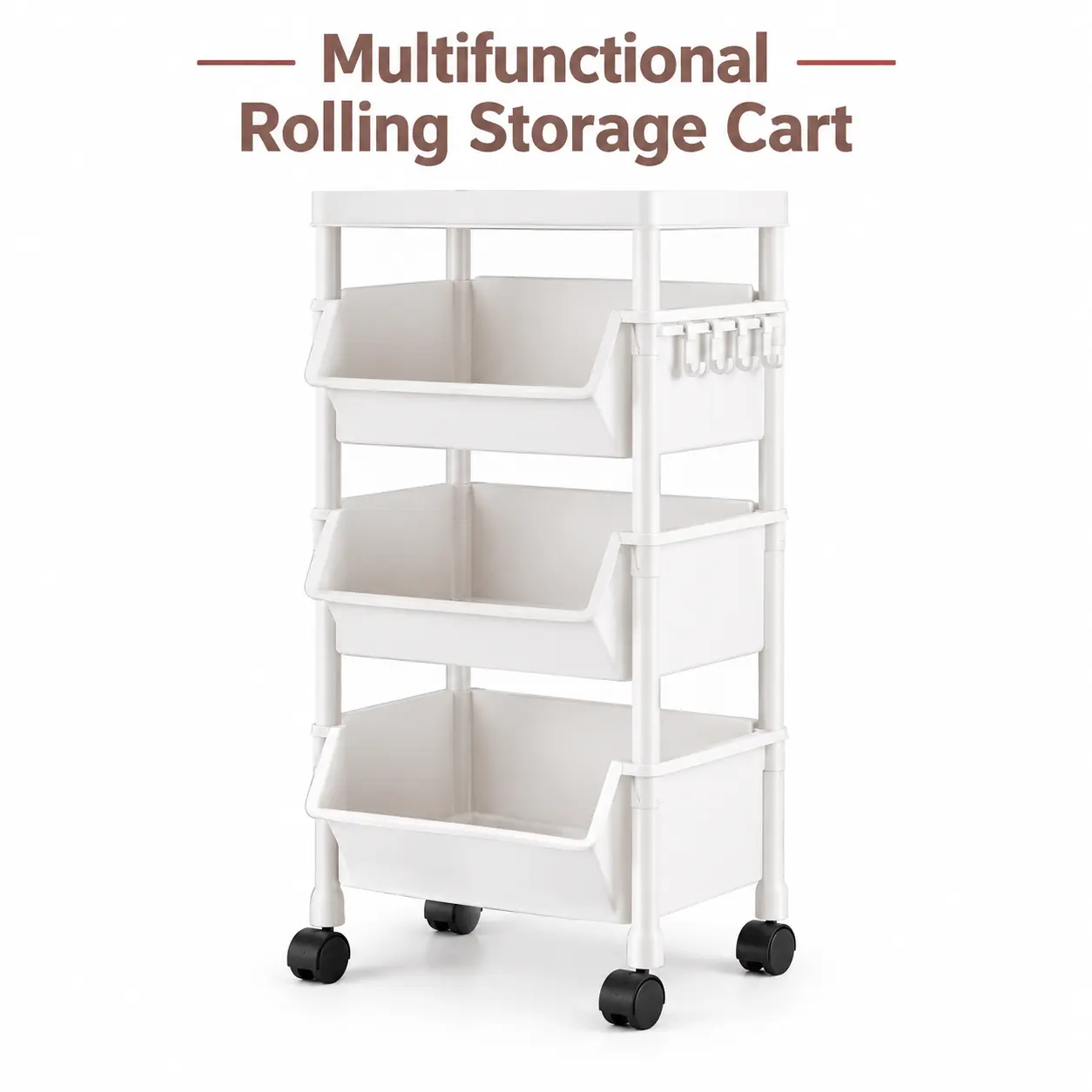 5-Layer Multi-Functional Plastic Household Storage Cart with Wheels - Stackable Organizer Rack Shelf, Hook-Included Room Storage Solution for Bathroom, Bedroom Home Goods & Organizer NeedsB008