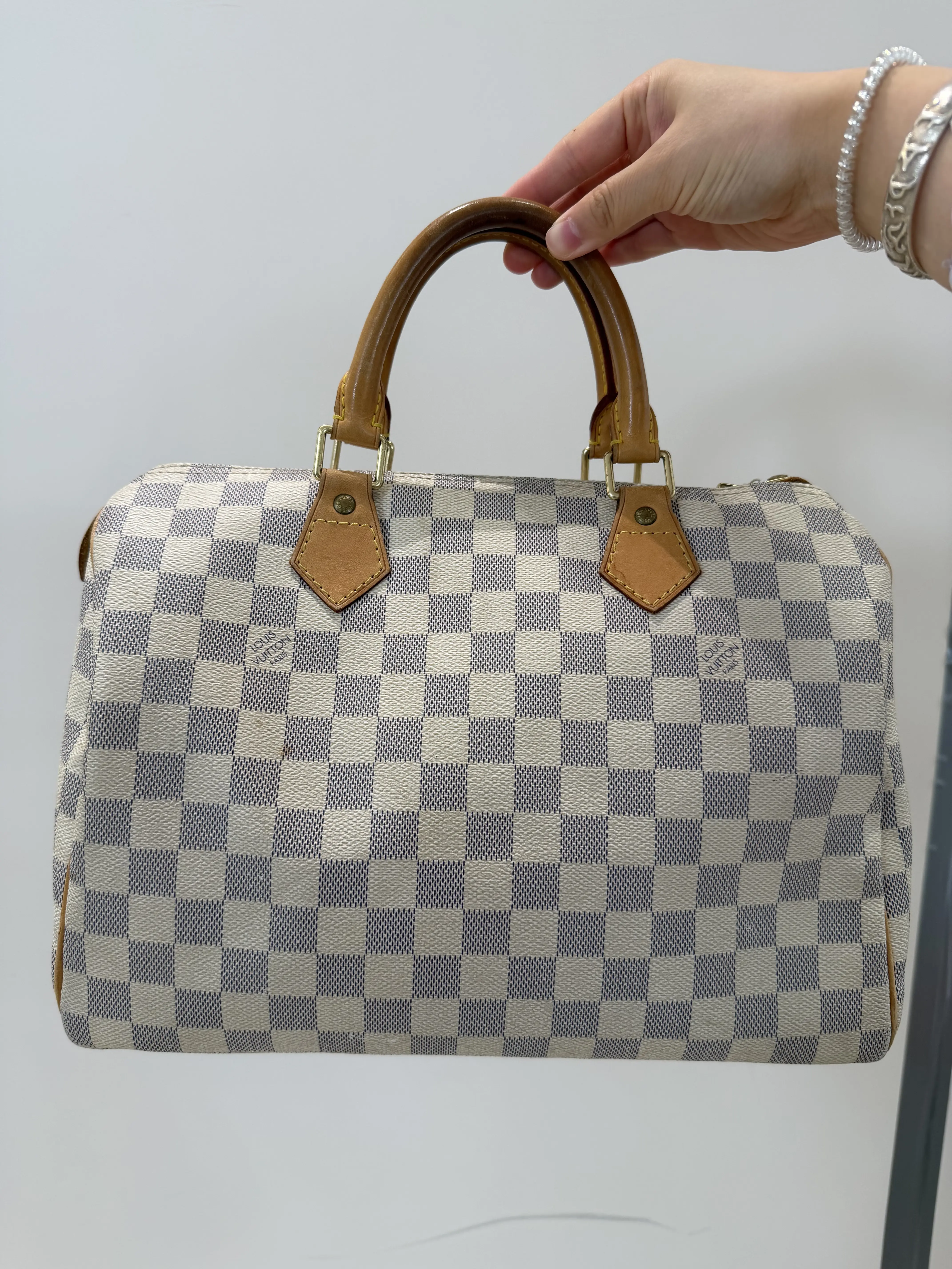 Pre-owned Louis Vuitton Pre loved Speedy 30 Azur Damier White Check Handbag