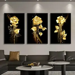 3pcs Nordic Modern Living Room Decoration Painting Gold Rose Black Canvas Oil Painting Bedroom Frameless Hanging Painting Core Home Decor Products