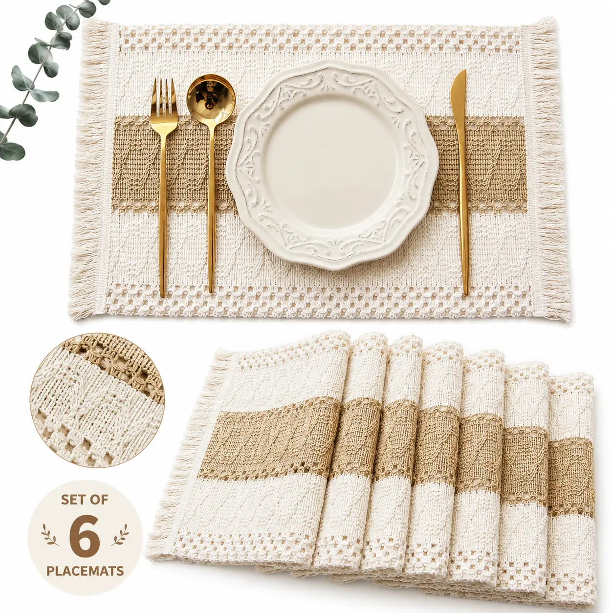 Boho Farmhouse Macrame Cotton Burlap Placemats Set of 6 - Hand-Knotted Fringe, 12x20 inches Rectangle, Heat-Resistant, Moisture-Absorbent, Breathable Country Rustic Tableware for Dining Table, Home Decor Enthusiasts, Macrame Fringe