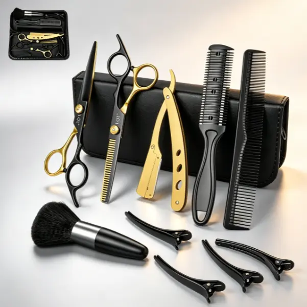 LQT Black Gold Professional Barber Tool Kit - Hair Cutting Scissors, Thinning Shears, Straight Razor, Combs, Neck Duster, Hair Clips with Leather Storage Bag - Salon-Grade Styling Set for Barbers