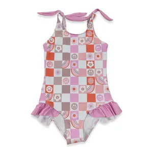 Pink Plaid print Summer Kids Swimwear One-Pieces for Girls